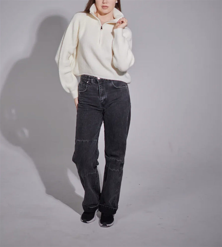 Damen Weite High-Waist-Jeans mit geradem Bein und sichtbaren Teilungsnähten Shop Nory