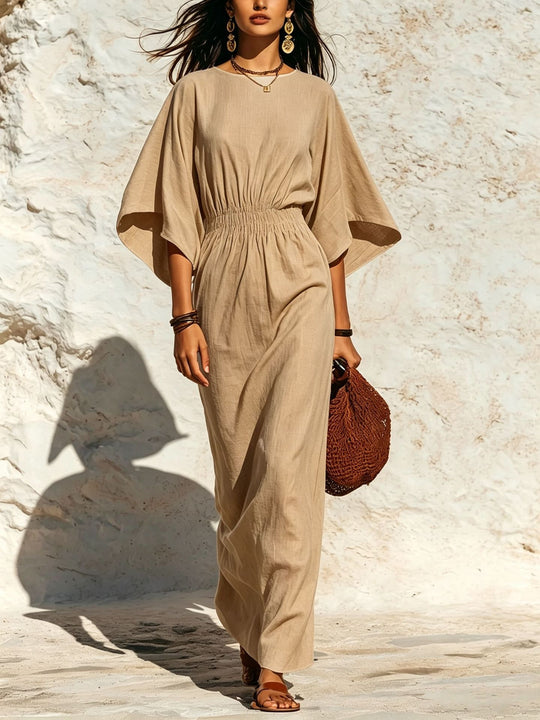 Damen Maxikleid mit Fledermausärmeln und geraffter Smock-Taillierung Shop Nory