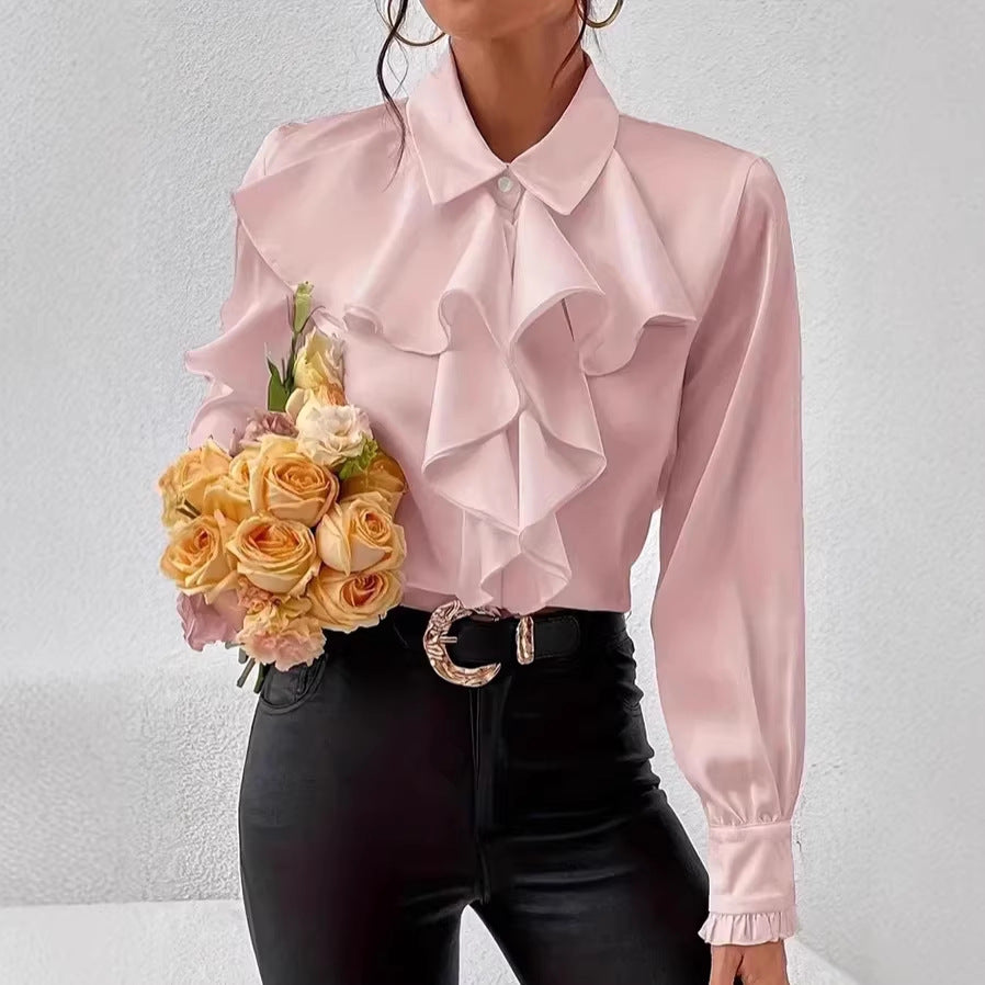 Damen Elegante Rüschenbluse mit Volants, Hemdkragen und Manschetten Shop Nory