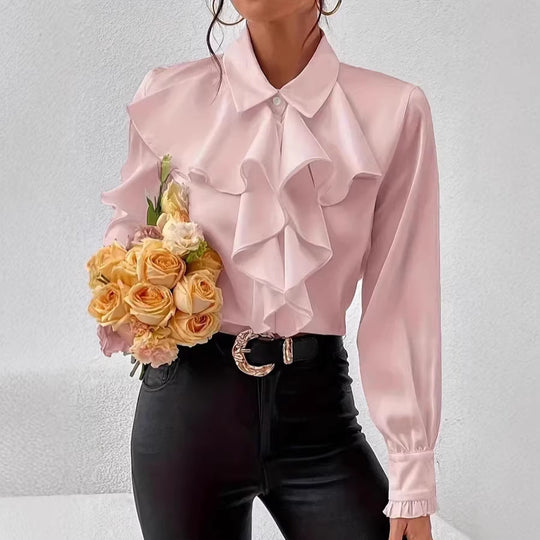 Damen Elegante Rüschenbluse mit Volants, Hemdkragen und Manschetten Shop Nory