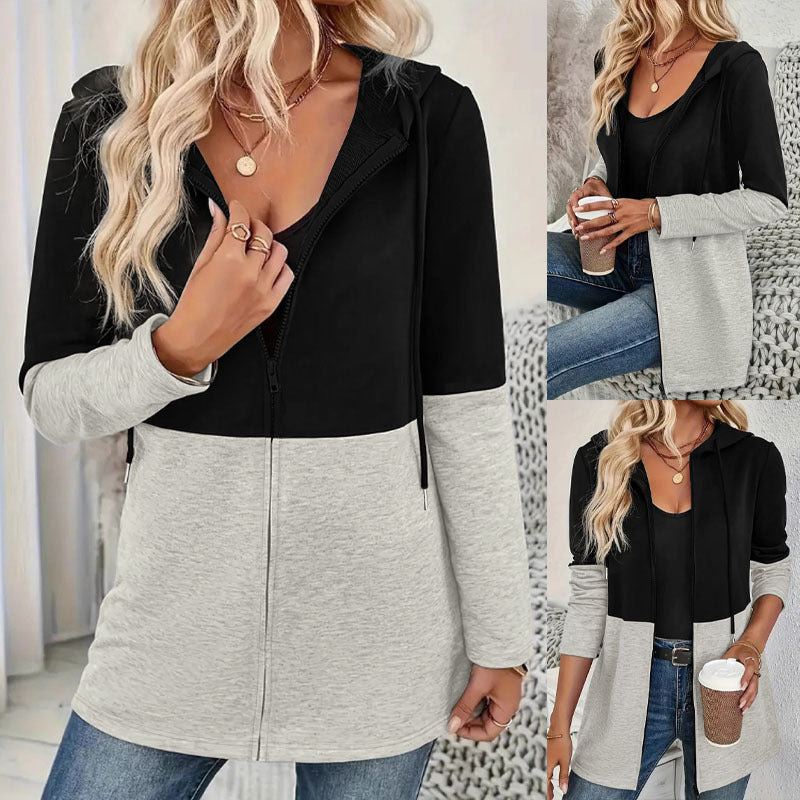 Damen Longline Kapuzen‑Sweatjacke mit Farbblock, Reißverschluss und Eingrifftaschen Shop Nory