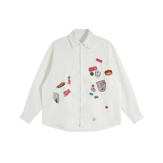 Unisex Oversize-Hemd mit aufgenähten Retro-Patch-Applikationen und kastiger Silhouette Shop Nory
