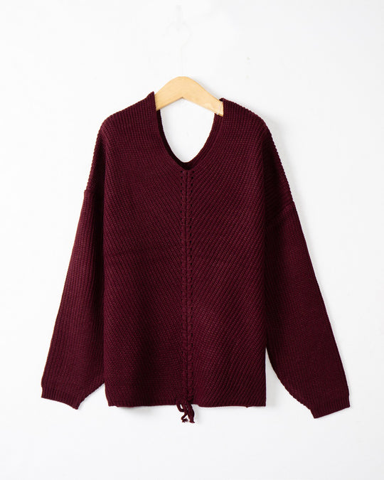 Damen Strickpullover mit Zopfmittelnaht, V‑Ausschnitt und Kordelzug Shop Nory