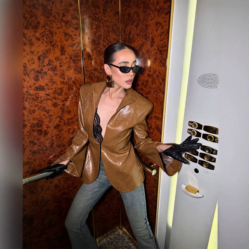 Damen Figurbetonter Lederimitat-Blazer mit Stehkragen & verlängerten Manschetten Shop Nory