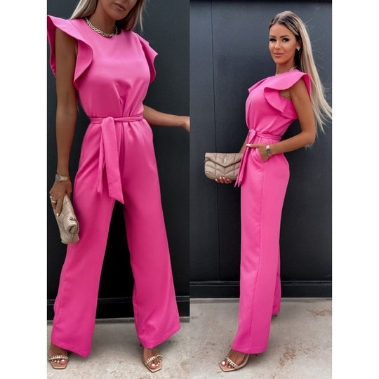 Frauen Fließender Weitbeiniger Jumpsuit mit Rüsche Ärmel