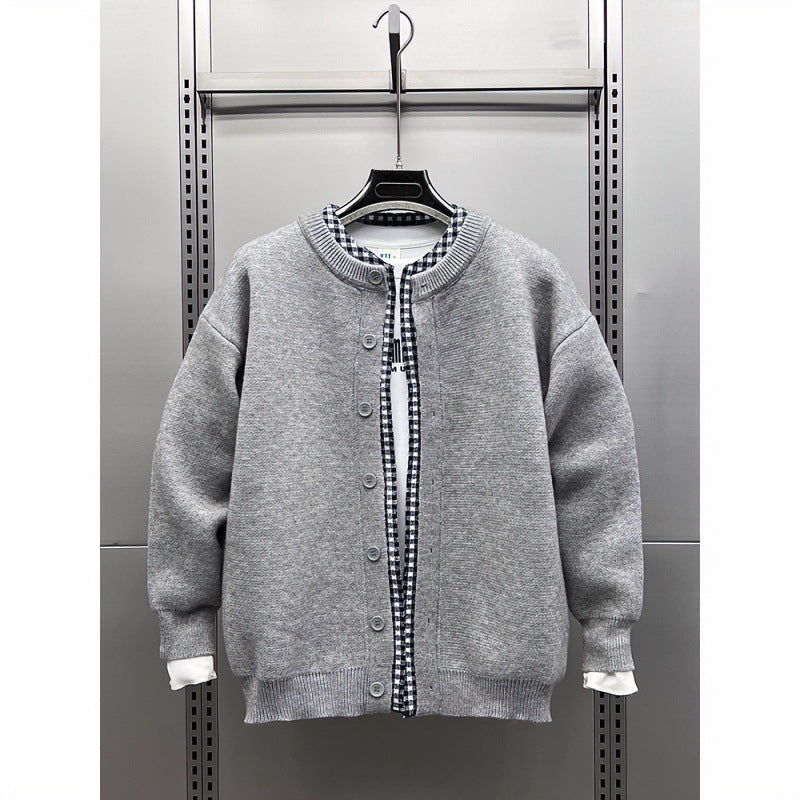 Unisex Lässige Strickjacke im Layering-Look mit Rundhals und Kontrast-Karoinnenschicht Shop Nory