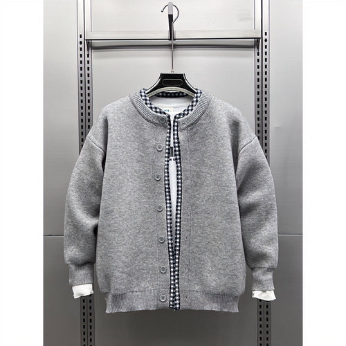 Unisex Lässige Strickjacke im Layering-Look mit Rundhals und Kontrast-Karoinnenschicht Shop Nory