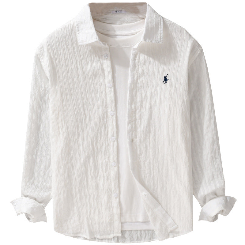 Herren Leichtes Baumwoll-Langarmhemd im Layering‑Stil mit feiner Crinkle‑Struktur und Kentkragen Shop Nory