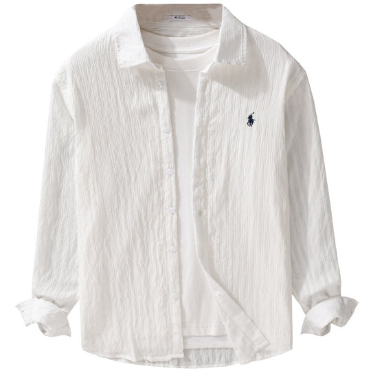 Herren Leichtes Baumwoll-Langarmhemd im Layering‑Stil mit feiner Crinkle‑Struktur und Kentkragen Shop Nory