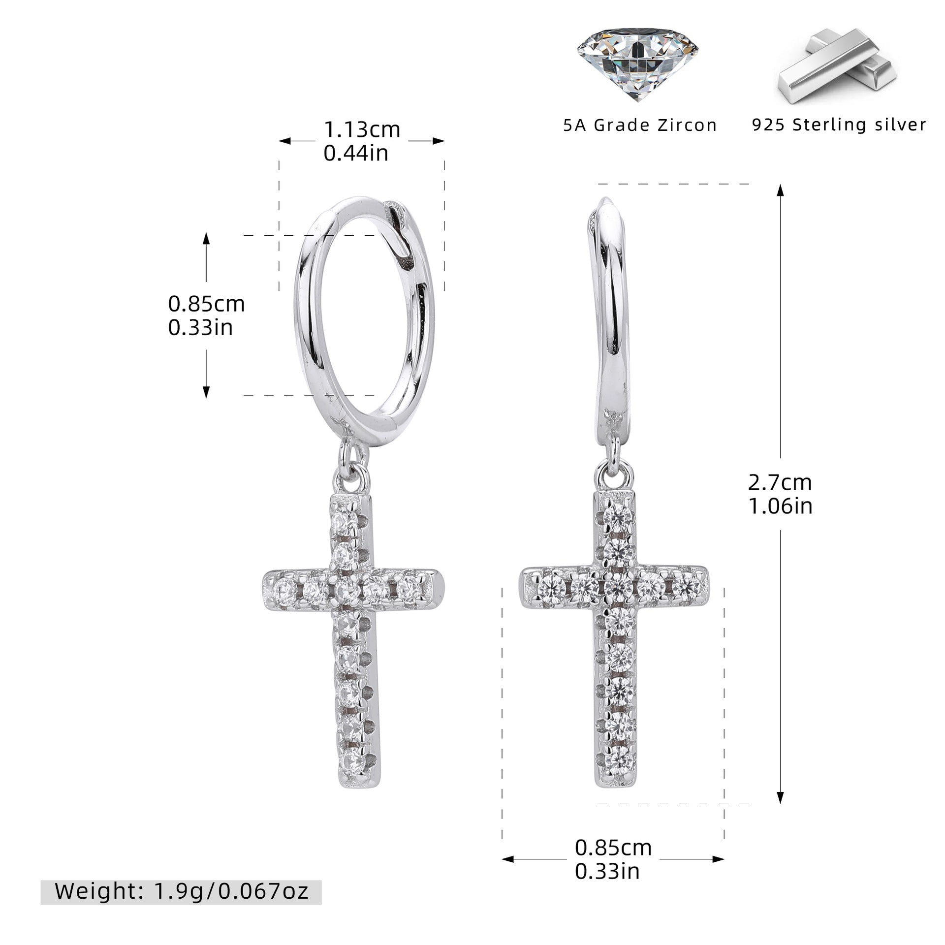 Damen Ohrringe mit Kreuz-Design aus 925 Sterling Silber und hochwertigem Zirkon Shop Nory