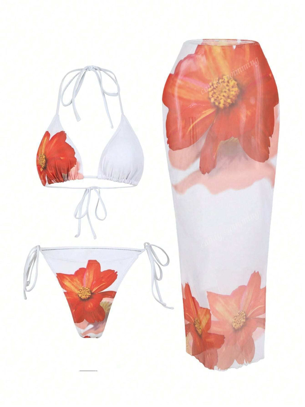 Damen Triangel-Bikini-Set mit floralen Mustern und transparentem Maxirock