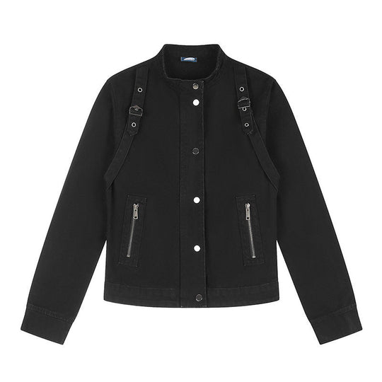 Damen Kurze Utility-Jacke mit Stehkragen, verstellbaren Schulterriemen und Druckknopfverschluss Shop Nory
