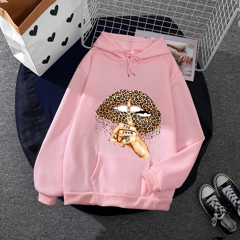 Damen nan oversized Fleece-Hoodie mit Leoparden-Lippen-Motiv, Kängurutasche und gerippten Bündchen Shop Nory
