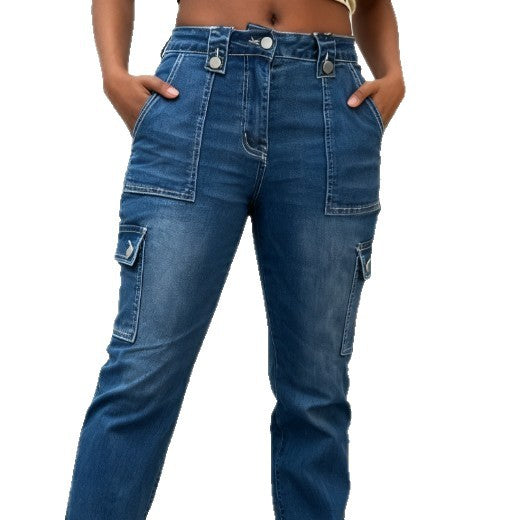 Damen Hochtaillierte Cargo-Denim-Jeans mit geradem Bein und aufgesetzten Klappentaschen Shop Nory