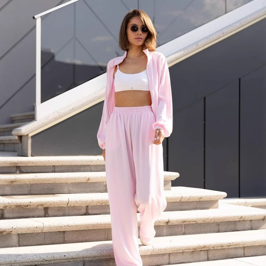 Damen lässiges Zweiteiler Set aus fließender Satinoptik mit weitem Bund und Crop-Top Shop Nory