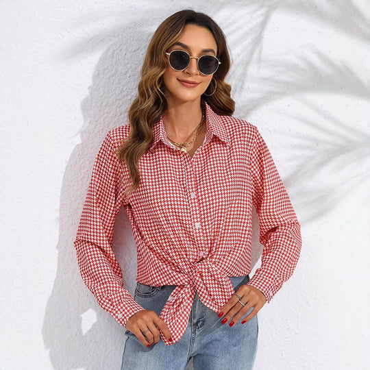 Damen nan geknotete Hahnentritt-Bluse mit Hemdkragen und durchgehender Knopfleiste Shop Nory