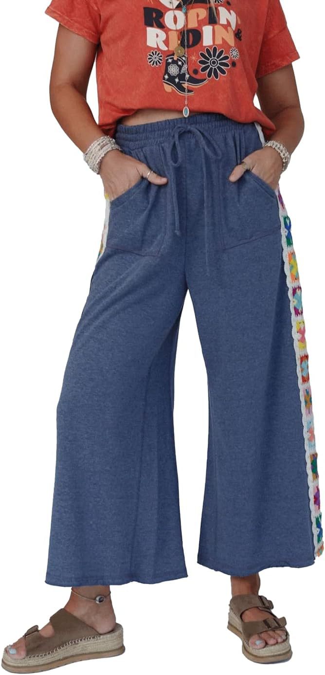 Damen weite Jersey-Hose mit hohem Gummibund, Kordelzug und gehäkeltem Seitenstreifen Shop Nory