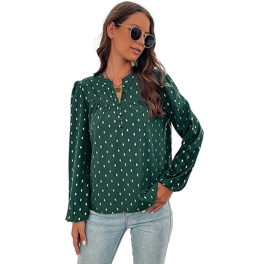 Damen Leichte Viskose-Bluse mit Stehkragen, Knopfleiste und feinem Tropfenprint Shop Nory