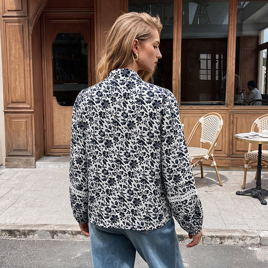 Damen Blumen-Tunika-Bluse mit Bindeschleife, Volantsaum und Spitzen-Details Shop Nory