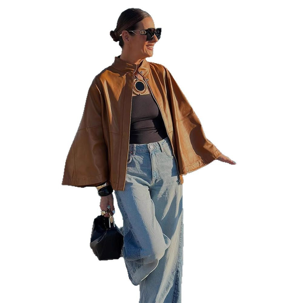 Damen Cape-Ärmige Lederjacke mit Stehkragen Shop Nory