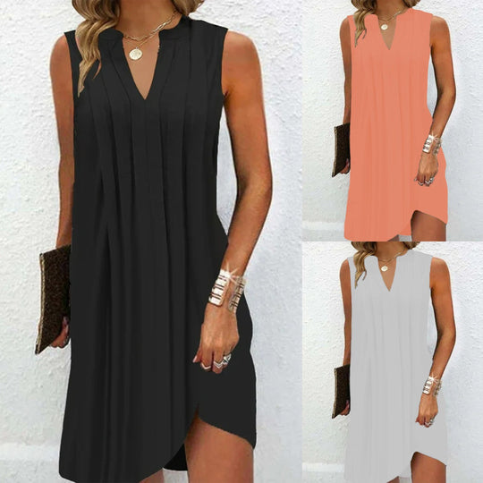 Damen elegantes, ärmelloses Kleid mit V-Ausschnitt und asymmetrischem Saum