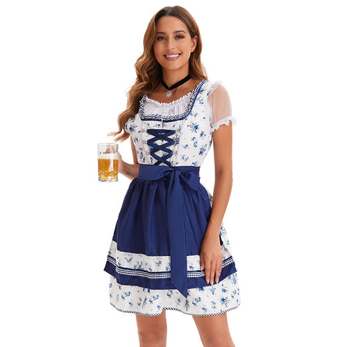 Damen nan kurzes Trachtenkleid im bayerischen Stil mit geschnürtem Mieder, Spitzenkragen und Schürzenrock Shop Nory