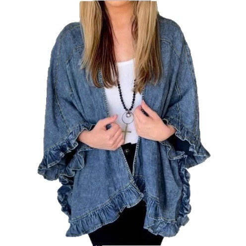 Damen Oversize-Jeans-Kimono mit Volantkante und offenem Fall Shop Nory