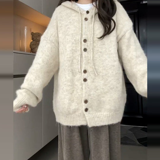 Damen Weiche Kapuzenstrickjacke mit Knopfdetails Shop Nory