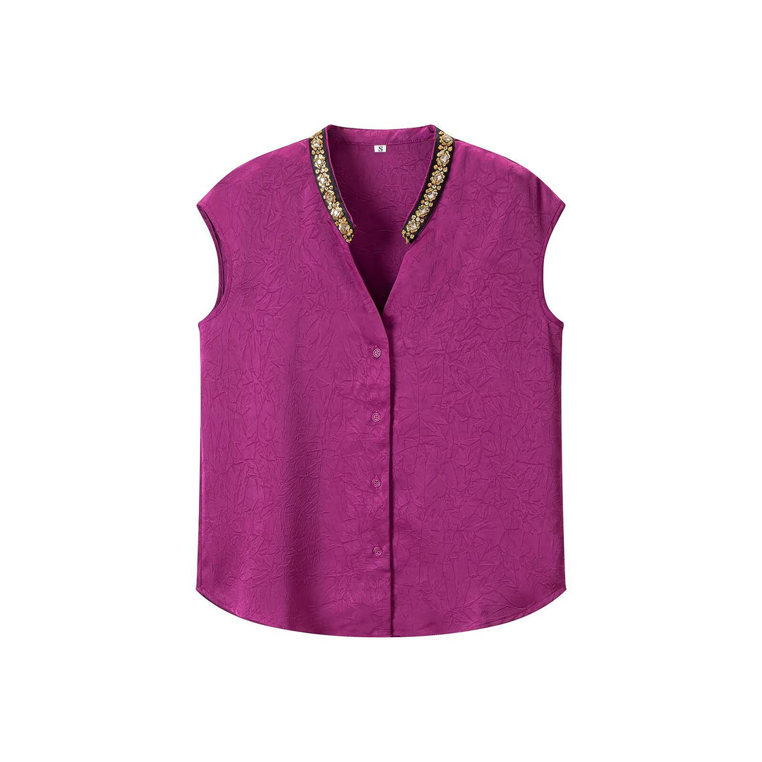 Damen Ärmellose Crinkle-Bluse mit Knopfleiste und besticktem V-Ausschnitt Shop Nory