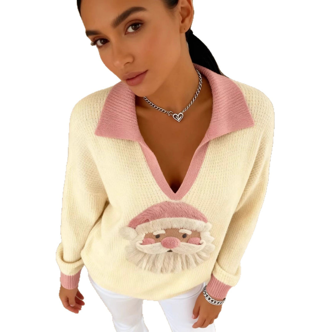 Damen Weicher Strickpullover mit V-Kragen, Polokragen und 3D-Weihnachtsmotiv Shop Nory