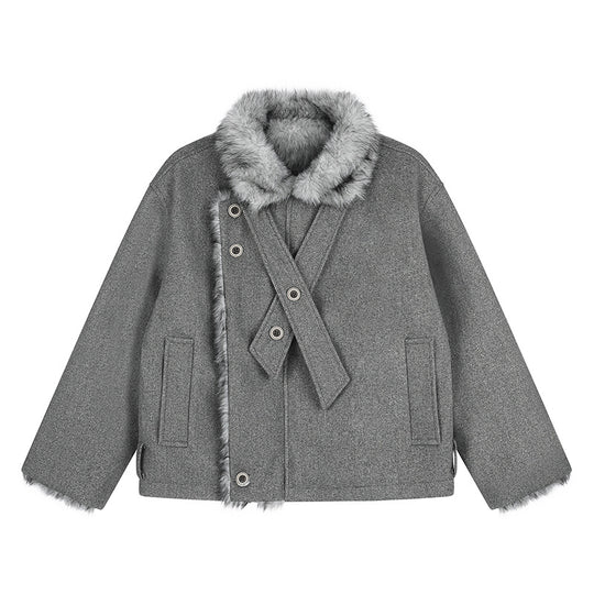 Damen Kurz geschnittene Wolljacke mit Kunstfellbesatz und asymmetrischer Knopfleiste Shop Nory