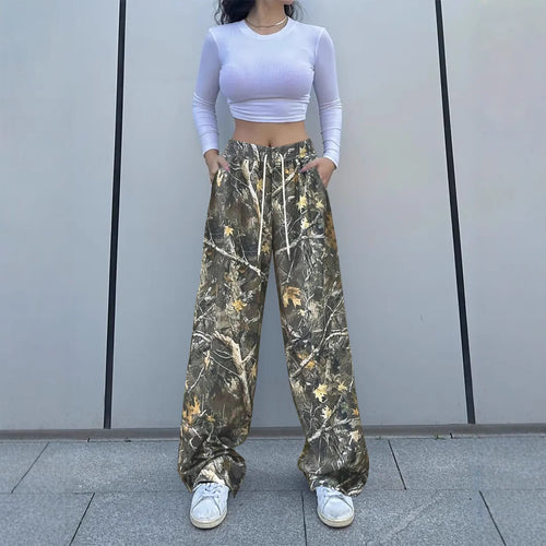 Damen Weite Palazzo-Loungehose im Camouflage-Blattmuster mit Elastikbund, Tunnelzug und Eingrifftaschen Shop Nory