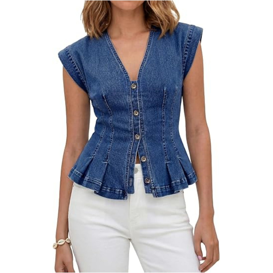 Damen Tailliertes Jeans-Top mit Schößchen und Knopfleiste Shop Nory