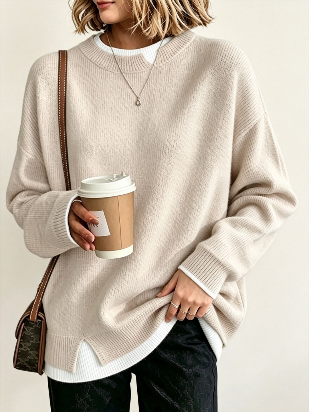 Damen Oversize Rundhals-Feinstrickpullover mit überschnittenen Schultern und Seitenschlitzen Shop Nory