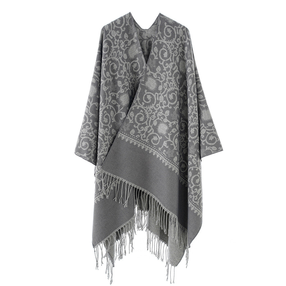 Damen Jacquard-Ruana mit ornamentalem Bordürenmuster und Fransensaum Shop Nory