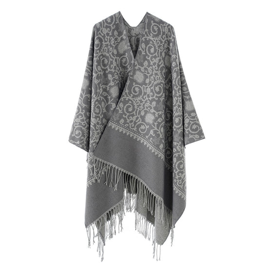 Damen Jacquard-Ruana mit ornamentalem Bordürenmuster und Fransensaum Shop Nory