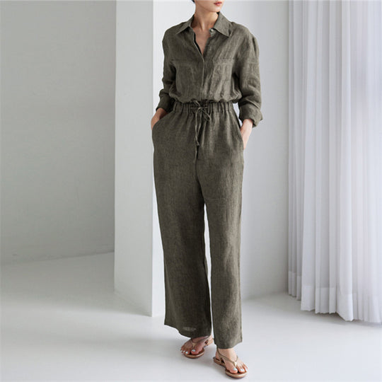 Damen Langer Leinen‑Einteiler mit Hemdkragen, Kordeltaillenbund und weitem Bein Shop Nory