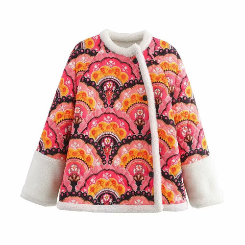 Damen gesteppte Jacke mit Teddyfutter und retro-inspiriertem Allover-Print Shop Nory