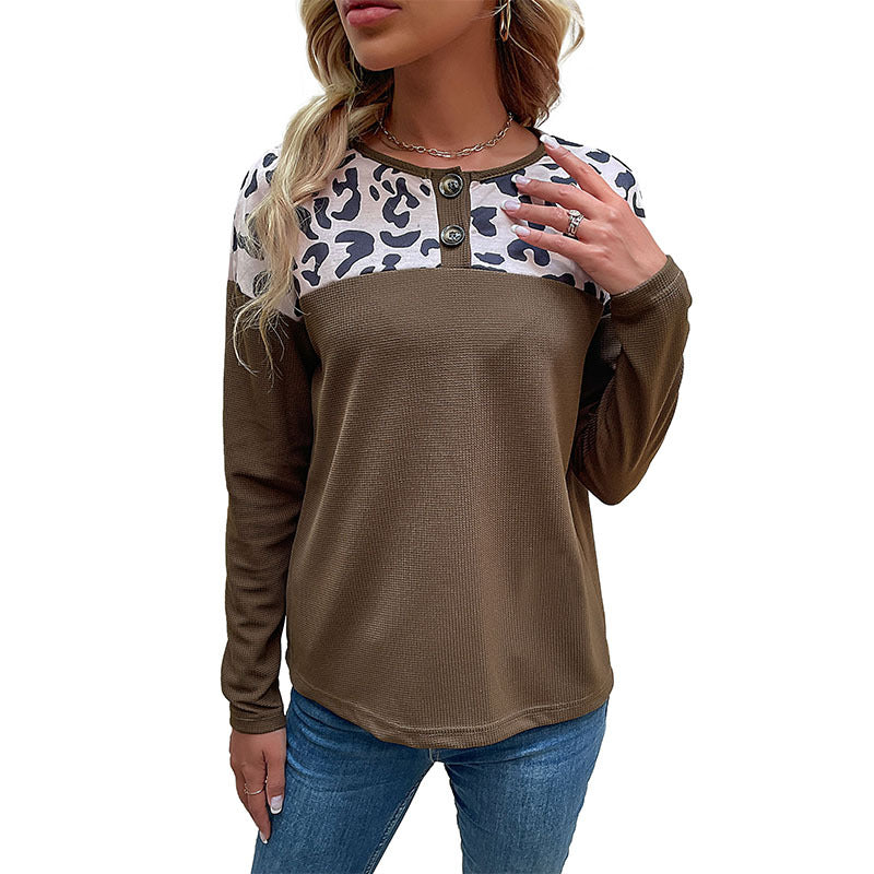 Damen Langarm-Waffelshirt mit Leo-Schulterpasse und Knopfblende Shop Nory