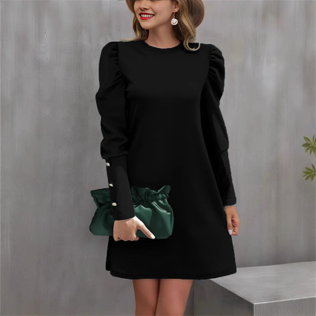 Damen Elegantes A-Linien-Minikleid mit betonten Puffärmeln und Perlenknopf-Ärmelmanschetten Shop Nory