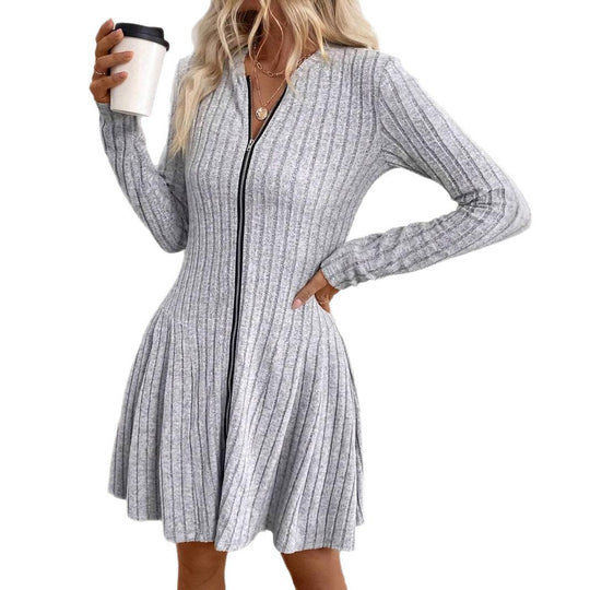 Damen Geripptes Strickkleid mit Frontreißverschluss und A-Linien-Silhouette Shop Nory