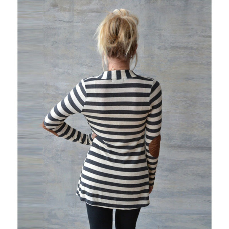 Damen Gestreifter Longcardigan mit offenem Waterfall-Schnitt und Ellbogen-Patches Shop Nory