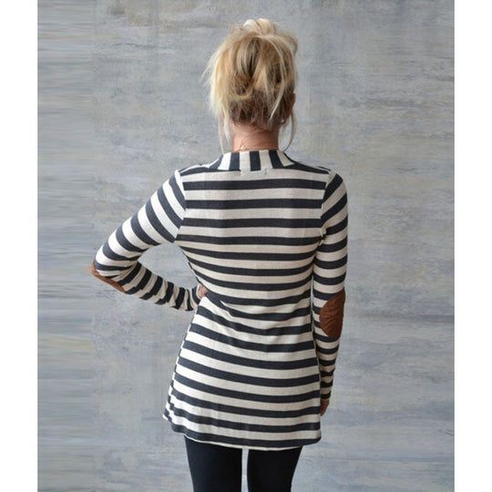 Damen Gestreifter Longcardigan mit offenem Waterfall-Schnitt und Ellbogen-Patches Shop Nory