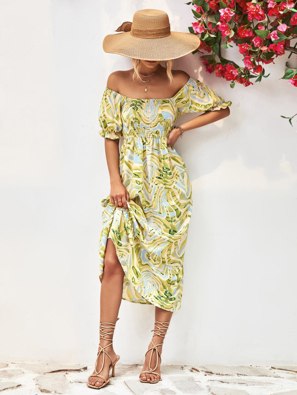 Damen Off-Shoulder Maxikleid mit floralen Akzenten und elastischer Taillierung