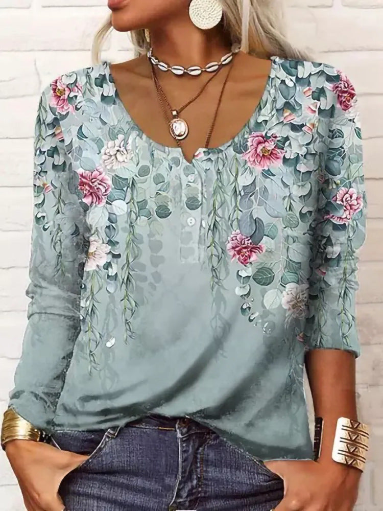 Damen Boho-Tunika mit floralen Hängeranken, V-Ausschnitt und dreiviertelärmeln Shop Nory