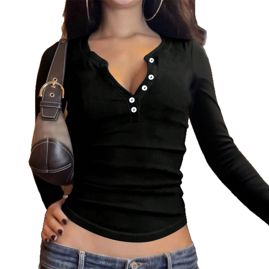 Damen nan tailliertes Henley-Longsleeve mit V-Knopfleiste, figurformendem Stretchjersey und schmaler Silhouette Shop Nory