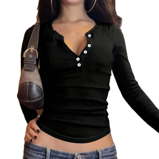 Damen nan tailliertes Henley-Longsleeve mit V-Knopfleiste, figurformendem Stretchjersey und schmaler Silhouette Shop Nory