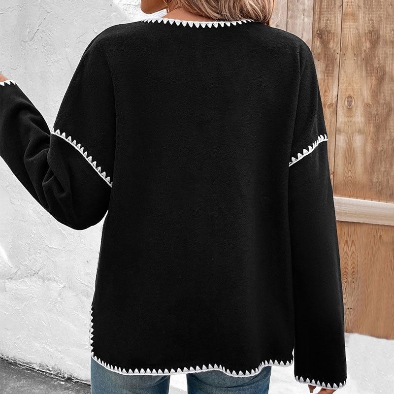 Damen Oversize-Strickjacke mit kontrastierenden Ziernähten, aufgesetzten Taschen und Knopfleiste Shop Nory