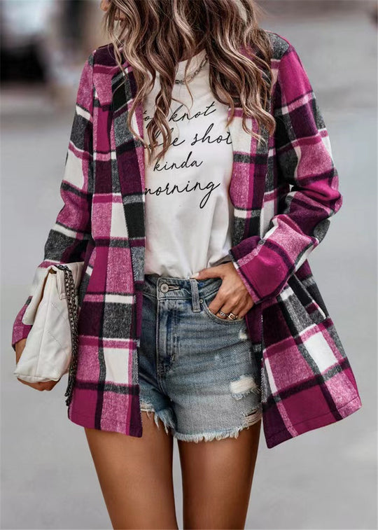 Damen Kariertes Longblazer‑Shacket ohne Kragen, offen geschnitten Shop Nory