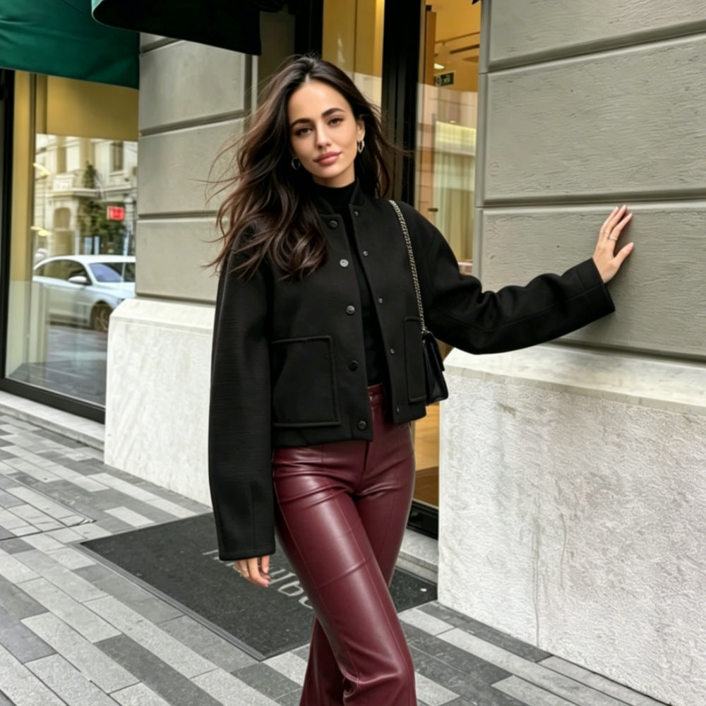 Damen Cropped Wollboxy‑Jacke mit kurzem Stehkragen und aufgesetzten Taschen Shop Nory